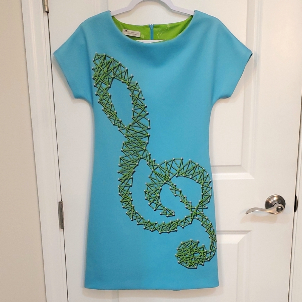Vintage French 1960s SkyBlue Dress with Green G Clef Musical Vanessa G Polyester